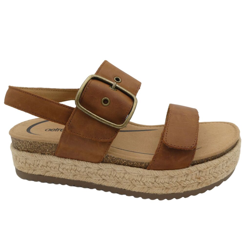 Aetrex Vania Women's 8.5 Arch Support Platform Sandal Cognac Leather Ret. $149